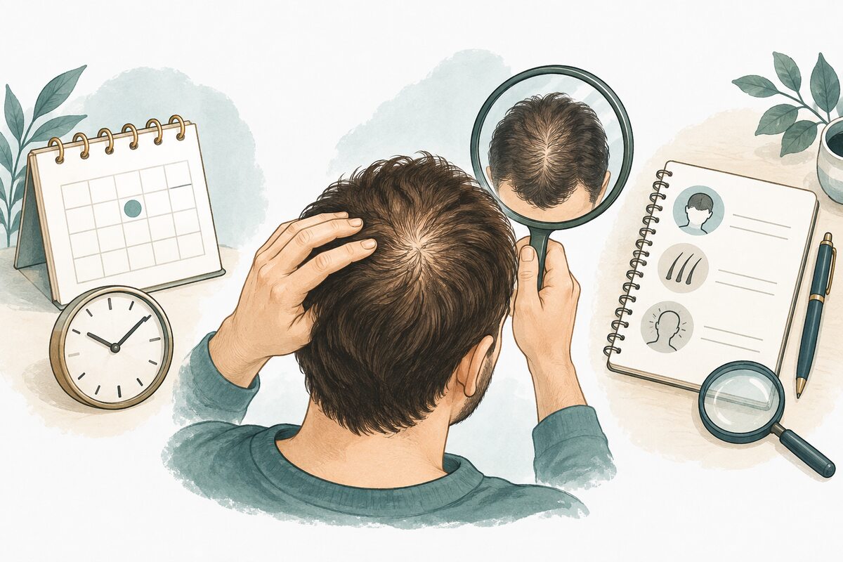 Illustration : calendrier, observation du sommet du crâne et carnet pour noter l’évolution de la chute