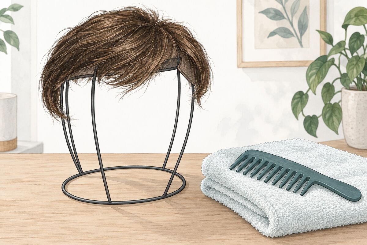 Illustration d’une chevelure sur un support ajouré, avec une serviette et un peigne